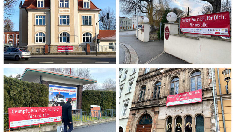 Stadtwerke, Baustoff Renger, Hotel "Dresdner Hof" und an einem Haus von Architekt Benjamin Pfefferkorn in Zittau: Vier der Orte, an denen die Impf-Plakate hängen.
