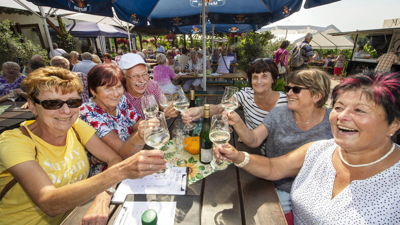 Mit einem Glas Scheurebe stoßen Gabriele Schütze und ihre Freunde beim Tag des offenen Weinguts im Garten des Weingutes Matyas in Coswig an.