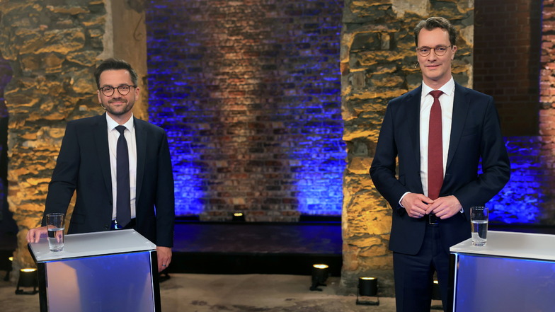 SPD-Spitzenkandidat Thomas Kutschaty und NRW-Ministerpräsident Hendrik Wüst beim einzigen TV-Duel