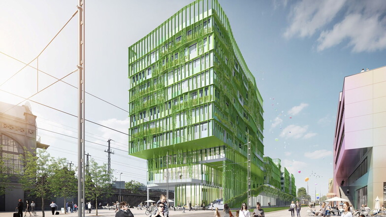 Ein Hochhaus als Auftakt zum neuen Fernbusbahnhof und Fahrradparkhaus am Wiener Platz in Dresden: In diesem Jahr sollen die Bauarbeiten starten.