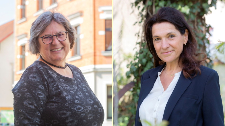 Neben Amtsinhaberin Elke Röthig (parteilos, l.) wirbt Heike Pantak (Einzelbewerberin) um Stimmen fürs Schwepnitzer Bürgermeisteramt.