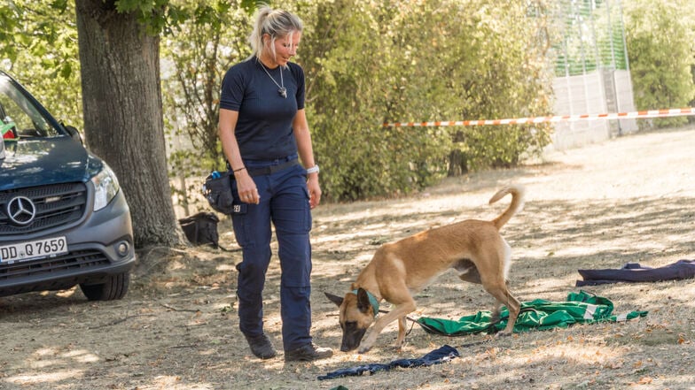 Bei der Vorführung auf der Freibad-Wiese zeigte Freddy unter anderem sein Können als Brandmittelspürhund. Als solcher soll er bald im Einsatz sein – wenn er die zugehörige Prüfung abgelegt hat.