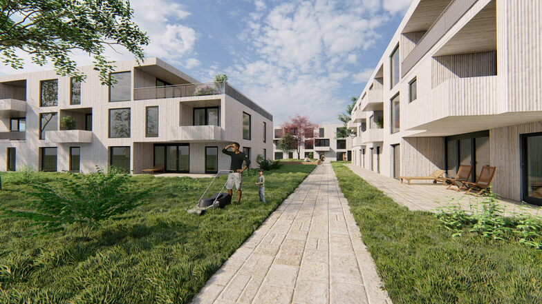 Visualisierung der geplanten Wohnsiedlung mit Mehrfamilienhäusern der Firma Bosch An den Obstwiesen. Erfahrungsgemäß wird etwa ein Drittel der Wohnungen von Werksmitarbeitern belegt, zwei Drittel kommen auf den freien Markt.