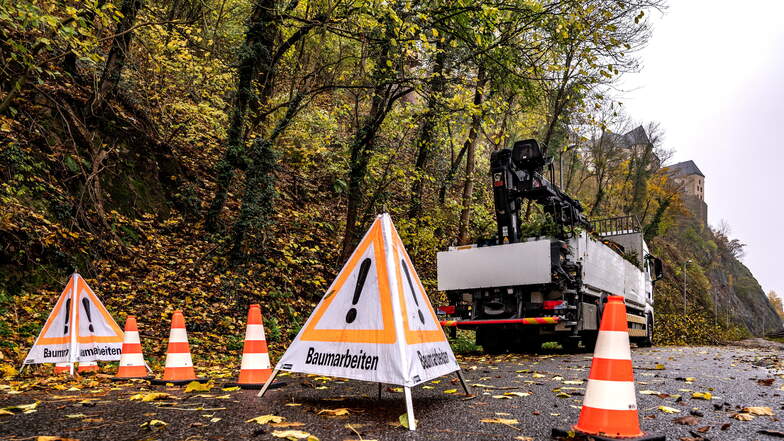 Weil auf dem Hang unterhalb der Burg Mildenstein gerade Baumpflegearbeiten laufen, ist die Straße in Richtung Tragnitz noch bis Ende des Monats gesperrt.