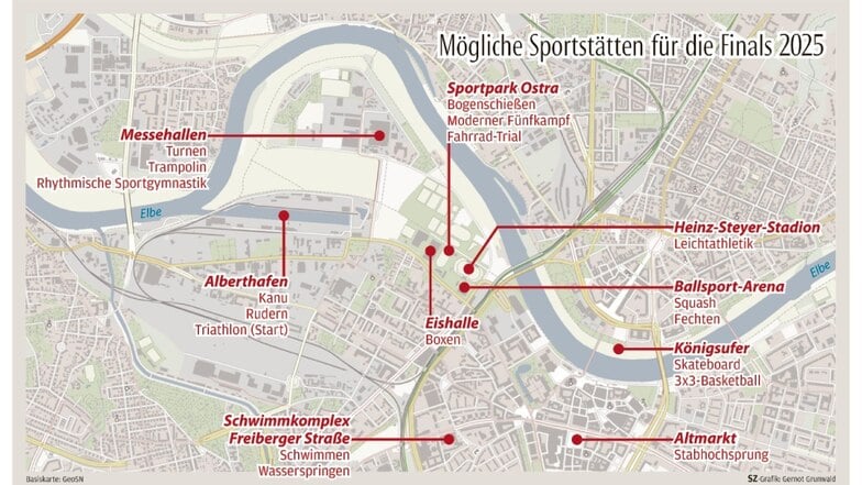 So könnte die Verteilung der Sportstätten für die Finals 2025 in Dresden aussehen. Welche Austragungsorte tatsächlich infrage kommen, hängt vor allem davon ab, welche Sportarten es ins Programm schaffen.