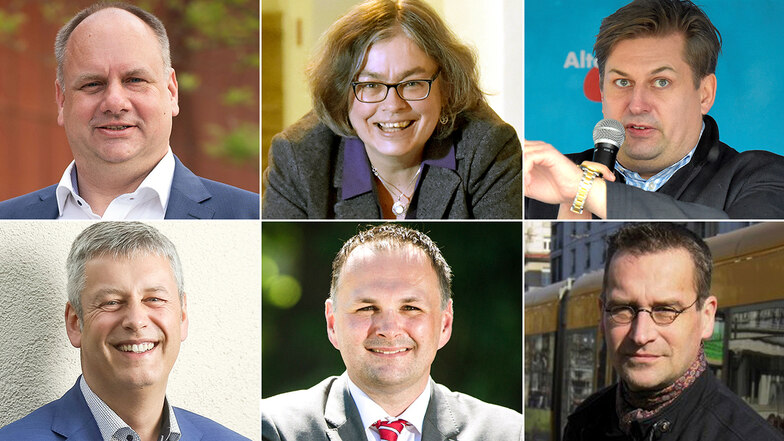 Welche Ideen haben die OB-Kandidaten Dirk Hilbert (FDP), Eva Jähnigen (Grüne), Maximilian Krah (AfD), Albrecht Pallas (SPD), André Schollbach (Linke) und Martin Schulte-Wissermann (Piraten) (von oben links) gegen soziale Probleme?