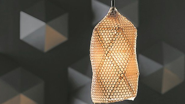 Die Lampe aus Bienenwachs wurde teils von Bienen gefertigt.