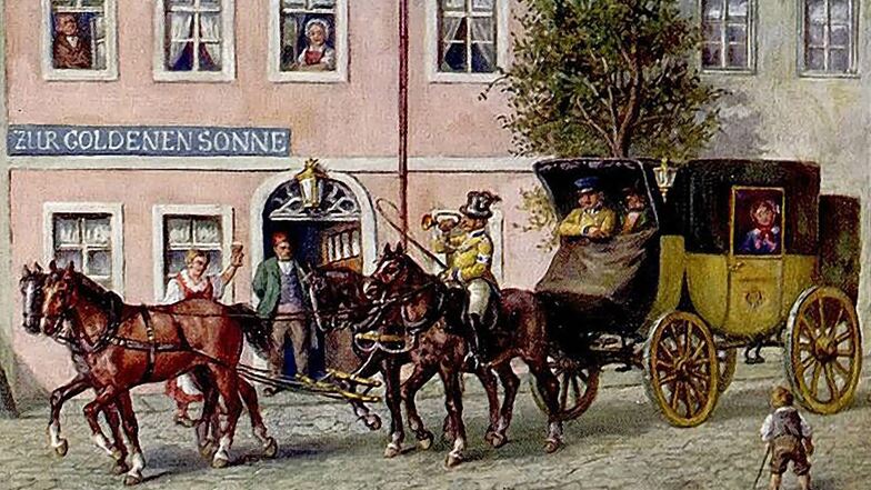 So fuhr einst die Post. Die zeitgenössische Darstellung zeigt einen seit etwa 1770 eingesetzten sächsisch-königlichen Eilpostwagen auf seiner letzten Fahrt der täglichen Linie Görlitz – Löbau im Jahr 1846 vor Eröffnung der Eisenbahn.