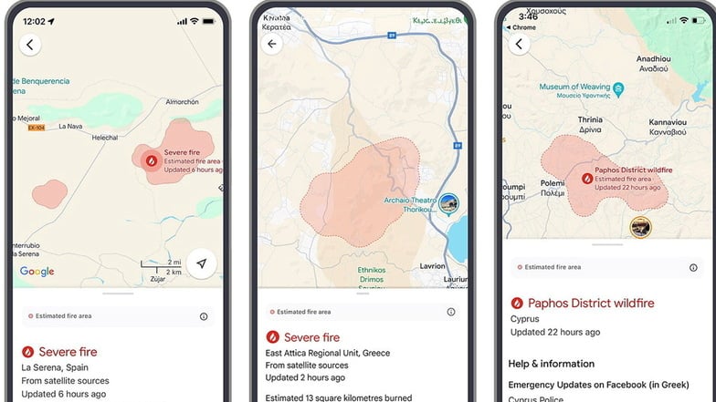 Google Maps warnt jetzt auch in etlichen europäischen Ländern vor Waldbränden.