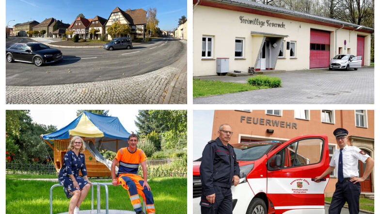 Vier Investitionen, die 2021 in den Zittauer Ortsteilen realisiert wurden: B99-Kurve in Hirschfelde, Heizungsumbau im Schlegler Feuerwehrdepot, Spielplatz in Hartau und neues Feuerwehrauto für die Eichgrabener Ortswehr.