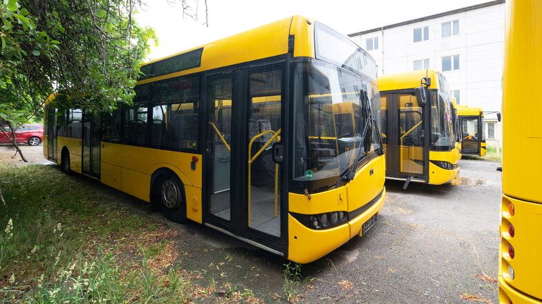 Diese ausgemusterten Solaris-Busse stehen bereit für den Transport in die Ukraine.