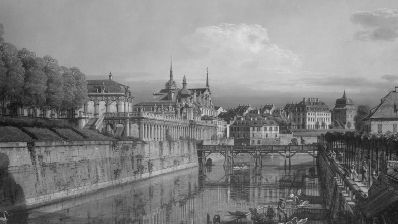 Die Kunstverwaltung des Bundes stellte nur eine Schwarzweiß-Aufnahme von Canalettos Zwingergrabenansicht zur Verfügung. Das Original ist noch im Militärhistorischen Museum der Bundeswehr in Dresden zu sehen.