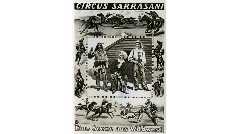 Bereits auf einer Postkarte von 1908/09 wurde mit der Wild-West-Show bei Sarrasani geworben.
