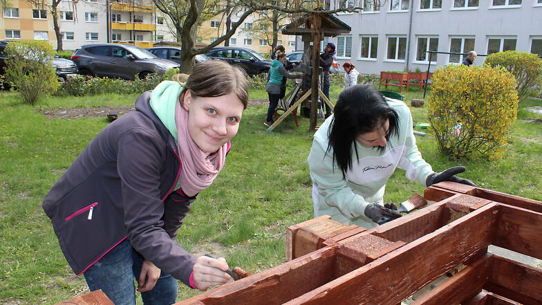 Die Schüler der BMS-Schule in Hoyerswerda haben Spaß daran, im neuen Schulgarten zu werkeln – im Bild geschieht das am Insektenhotel (im Hintergrund) und an neuen Sitzmöbeln.