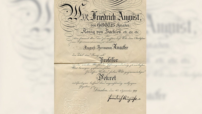 Auf dieser Großenhainer Urkunde hat Friedrich August III. persönlich unterschrieben.