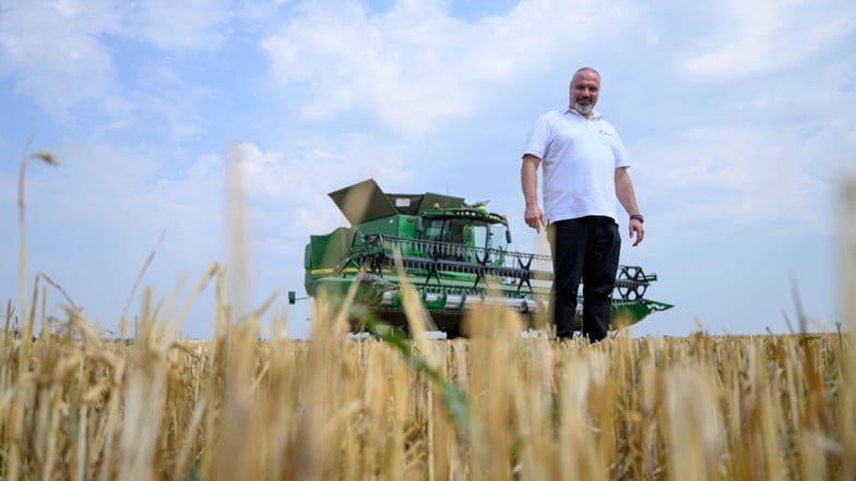 Sachsens Bauernpräsident Torsten Krawczyk musste die Ernte auf einem Gerstefeld eröffnen, das schon abgeerntet war.