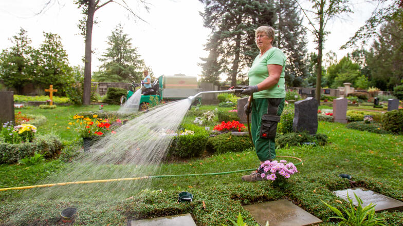 Gabrielle Hasse (vorn) und Sylvia Zeligmann versorgen die Pflanzen auf dem Pirnaer Friedhof täglich mit Wasser. Die anhaltende Trockenheit hat dem Grün bereits arg zugesetzt.