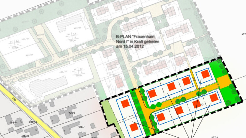 Die Planzeichnung zeigt die geplante Erweiterung des Baugebiets in Frauenhain. Die Erschließung der zehn neuen Bauparzellen ist eins der großen Bauvorhaben der Röderaue 2019.