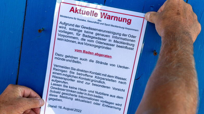 Eine Warnung vor dem Baden wegen der Gewässerverunreinigung in der Oder hängt der Bademeister am Badestrand am Stettiner Haff auf.