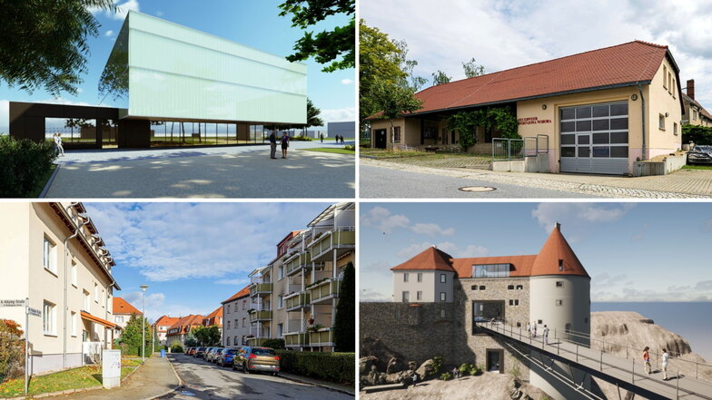 Geplante Projekte in Bautzen: eine neue Turnhalle an der Allende-Oberschule (o.l.), eine neue Feuerwehr in Salzenforst (o.r.), die Spreebrücke (u.r.) und die weitere Sanierung der Adolf-Kolping-Straße.