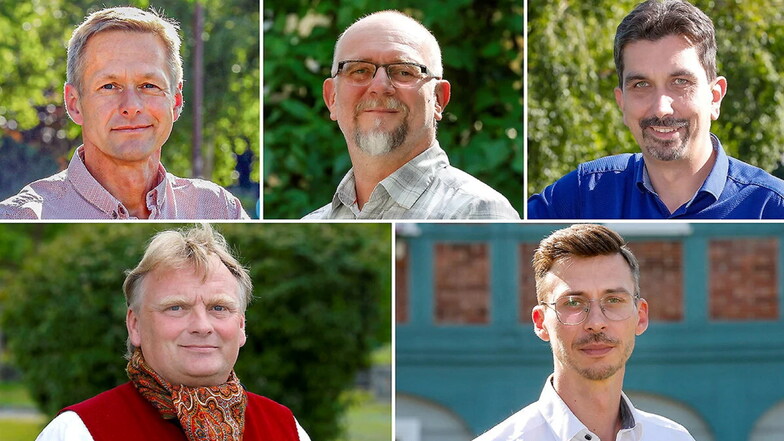 Steffen Pfister, Ronald Lindecke, Steffen Ain, Mario Kumpf und Steffen Röthig (von links oben im Uhrzeigersinn) wollen Bürgermeister in Ebersbach-Neugersdorf werden.