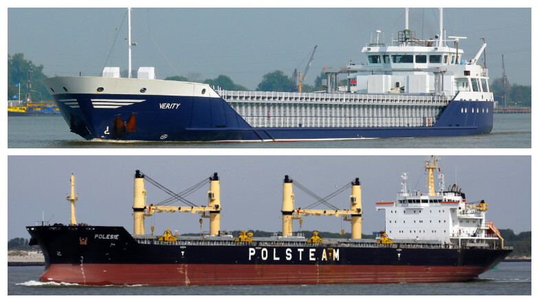Die Frachtschiffe "Polesie" (unten) und "Verity" sind am frühen Dienstagmorgen in der Nordsee kollidiert. Das Havariekommando ging davon aus, dass die deutlich kleinere "Verity" anschließend sank.