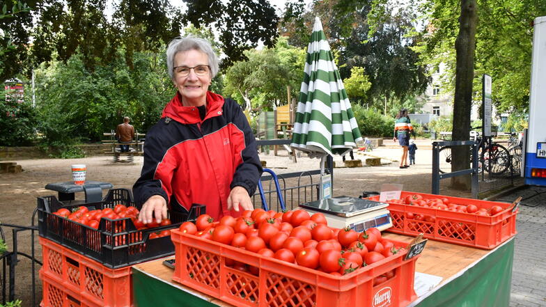 Evelin Dörfler baut seit 23 Jahren Tomaten an und verkauft ihre Ware auf dem Münchner Platz in Dresden.
