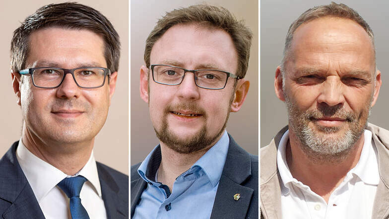Sven Liebhauser (CDU), Rolf Weigand (AfD) und Dirk Neubauer (parteilos) (von links) wurden als Kandidaten für die Wahl zum Landrat von Mittelsachsen zugelassen.