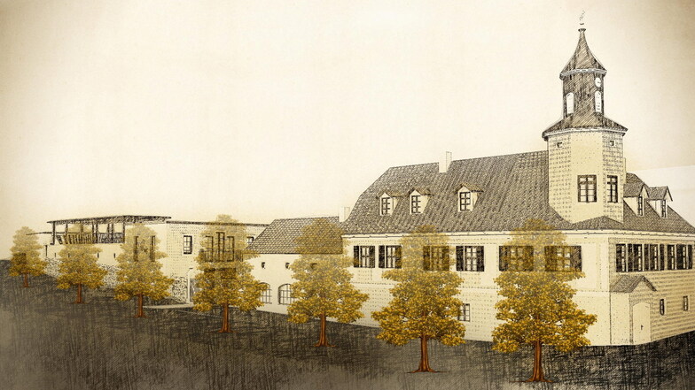 Die Zeichnung illustriert, wie sich der Kellereineubau (l.) in das Ensemble des Meinholdschen Turmhauses entlang der Hoflößnitzstraße einfügt.