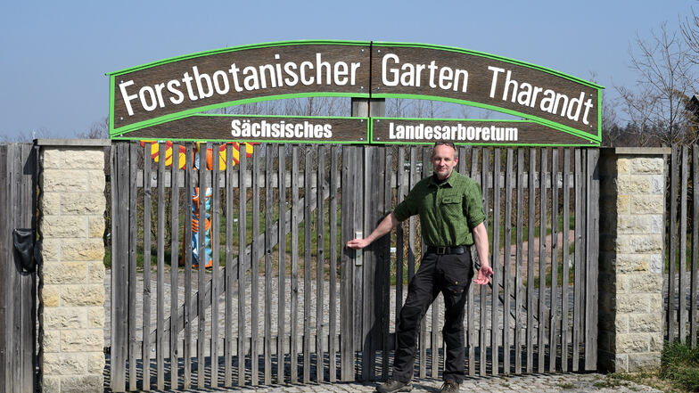 Kustos Ulrich Pietzarka steht am geschlossenen Tor zum Forstpark in Kurort Hartha. Der Forstbotanische Garten Tharandt musste den Saisonbeginn verschieben.