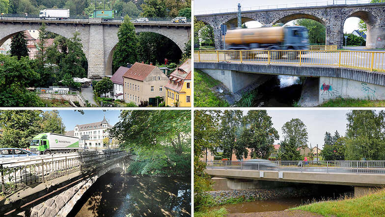 Vier von Hunderten Brücken im Landkreis Bautzen: Bautzens Friedenbrücke (l.o.); Brücke in Gersdorf (r.o.), wo 2024 eine Stützmauer repariert wurde; neue Brücke über die Schwarze Elster in Kamenz-Wiesa (r.u.), sanierungsbedürftige Röderbrücke in Radeberg.