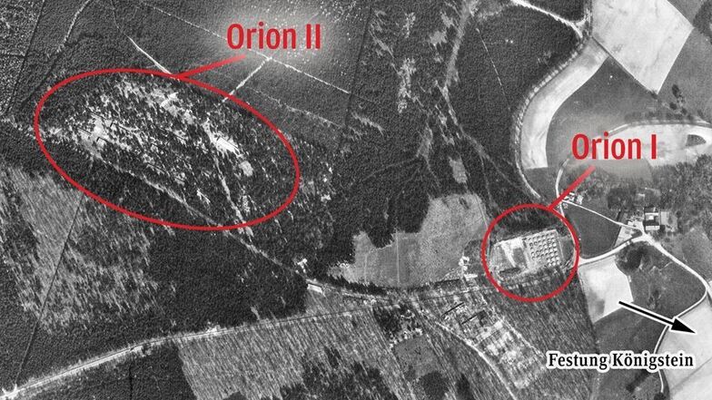 Auf einem Luftbild, das die Rote Armee 1945 anfertigte, sind die beiden Lager, die ein Außenlager des KZ Flossenbürg bildeten, zu erkennen. Wo früher Orion I war, steht heute das Parkhaus der Festung. Orion II lag im Wald versteckt. Die Straße nach Königs