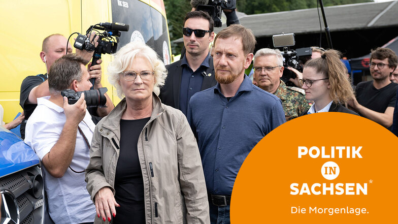 Verteidigungsministerin Christine Lambrecht machte sich am Montag gemeinsam mit Ministerpräsident Michael Kretschmer ein Bild von der Lage in der Sächsischen Schweiz.
