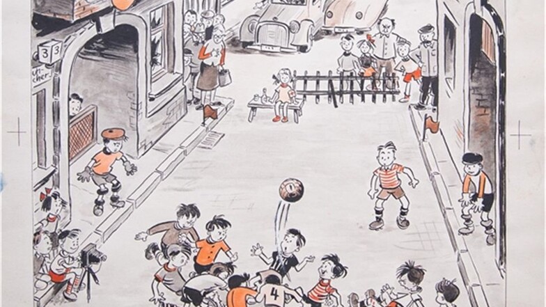 Knirpse spielen in der ersten Frösi-Ausgabe von 1953 Straßenfußball. Gezeichnet hat die Szenerie Richard Hambach.