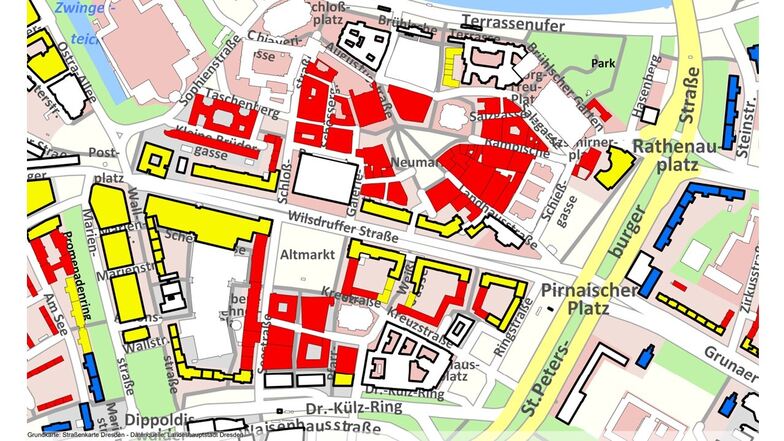 Gute Wohnlage (rot), mittlere Wohnlage (gelb), einfache Wohnlage (blau): Die Wohnlage bestimmt mit über die ortsübliche Vergleichsmiete. Anhand der Adresse bestimmt der Mietspiegelrechner die Lage automatisch.