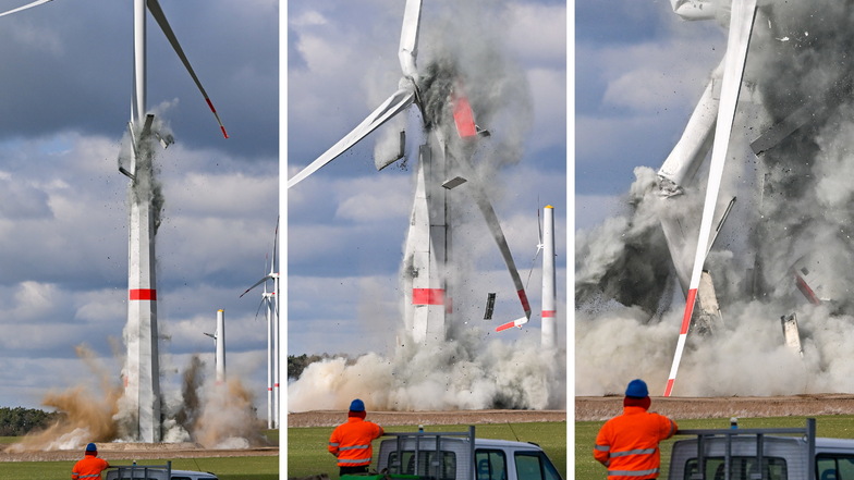 Die dreiteilige Bildkombination zeigt die Sprengung der neuen Windenergieanlage im Windpark Jacobsdorf bei Frankfurt/Oder Mitte März.