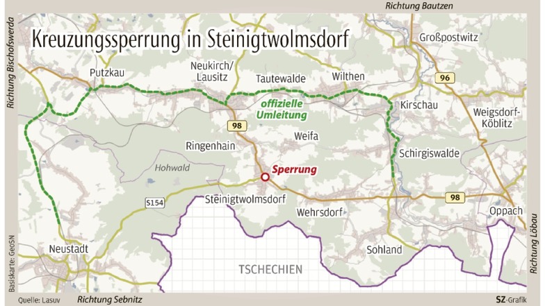 Wegen der Sperrung der B98-Kreuzung in Steinigtwolmsdorf gilt eine weiträumige Umleitung.
