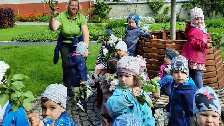 Die Kinder der Kita Panschwitz-Kuckau haben den Klostergarten schon mal besucht und sich von der Verantwortlichen des Gartens Antje Meiser (hinten) viel zeigen lassen.