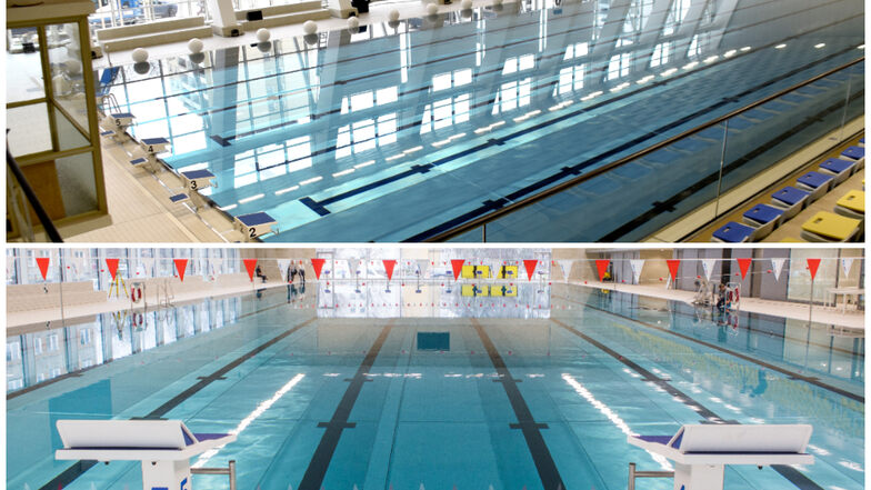 Der sanierte Altbau (oben): In der 1969 eröffneten Halle ist Schwimmen für jedermann möglich. Der Neubau (unten): In der im Dezember 2016 fertiggestellten Halle trainieren die Vereine.