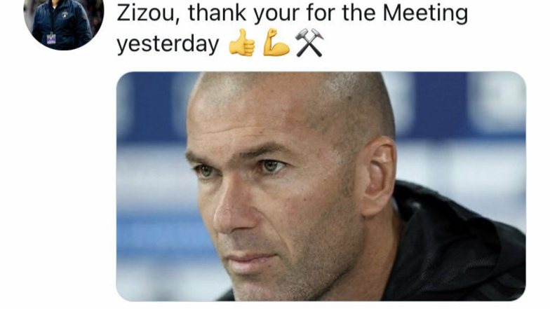 Helge Leonhardt hatte am Freitag auf Twitter ein Bild von Zinédine Zidane hochgeladen, mit folgendem Text: „Zizou, thnank your for the Meeting yesterday.“ Mittlerweile hat er diesen Tweet wieder gelöscht.