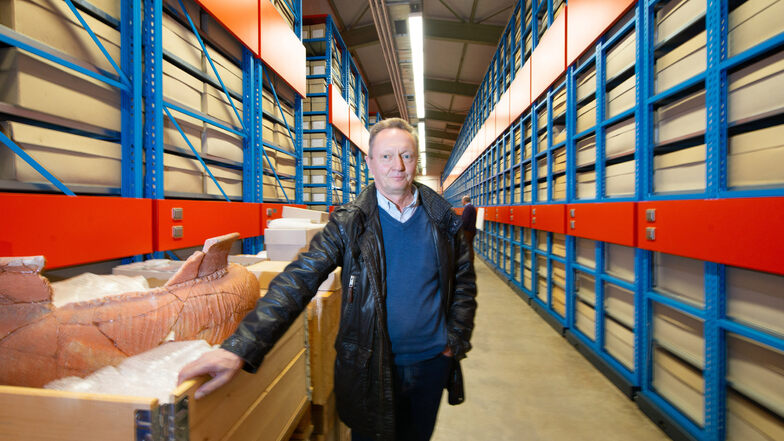 Leiter Uwe Reuter im Archiv des Landesamtes für Archäologie. In den Depots lagern die Fundstücke auf einer Regalfläche von knapp 10.000 Quadratmetern.