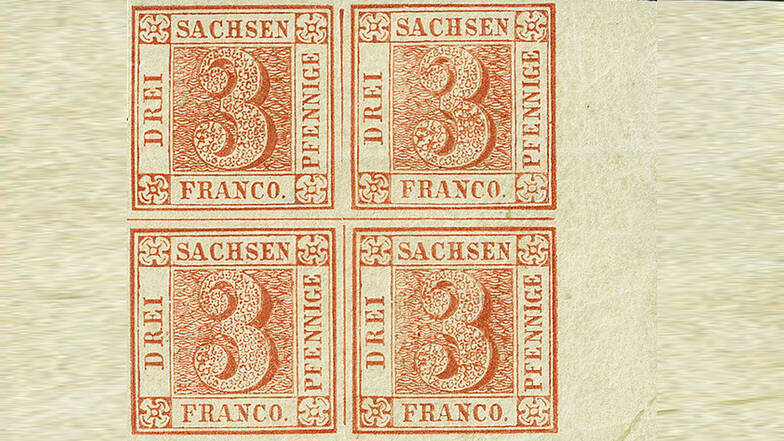Ein Viererblock des "Sachsendreiers" - der ersten Briefmarke im Königreich Sachsen - aus dem Jahr 1850 wird bei einer Auktion in Wiesbaden angeboten.