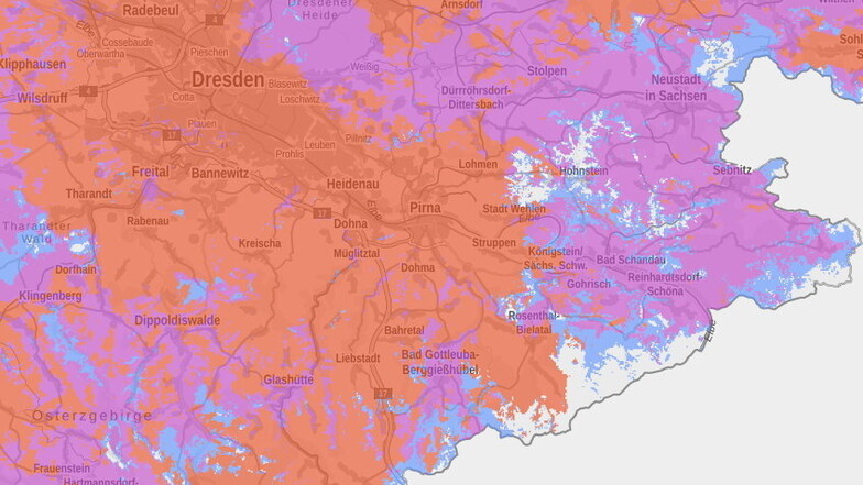 Netzkarte von Telefonica. Gebiete mit 5G sind rot eingefärbt, die Mischform 5G DDS in Orange, 4G ist violett, 2G ist blau und Mobilfunklöcher sind weiß.