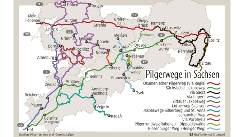 In Sachsen gibt es derzeit ungefähr zehn Pilgerwege. Die klassischen Pilgerwege verliefen meist auf alten Handelsstraßen.