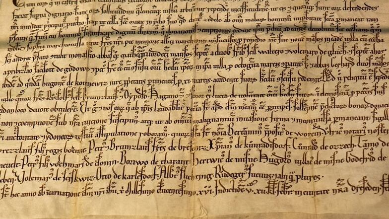 Eine 80 x 30 Zentimeter große gefaltete Urkunde mit der Formulierung „civitate nostra Dreseden“ aus dem Jahr 1216 liegt in einer Glasvitrine im Stadtarchiv in Dresden.