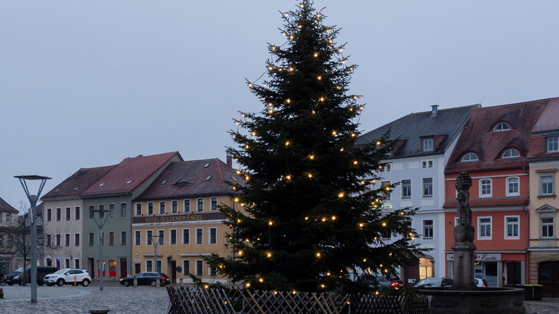Der Weihnachtsbaum auf dem Bischofswerdaer Altmarkt wurde am Dienstag aufgestellt. Es ist eine 14 Meter hohe Nordmanntanne.