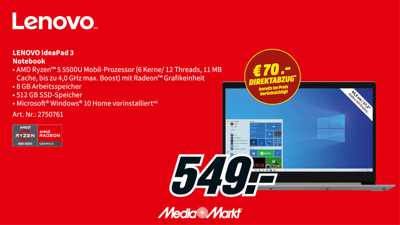 Mit dem Lenovo IdeaPad 3 wird jeder Task zum Kinderspiel - jetzt für 549 Euro bei MediaMarkt.