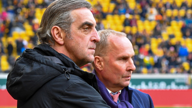 Beim letzten Aufeinandertreffen in Dresden gab es Anfang März 2020 auch das Wiedersehen des damaligen Dynamo-Sport-Geschäftsführers Ralf Minge und Aues Präsidenten Helge Leonhardt.