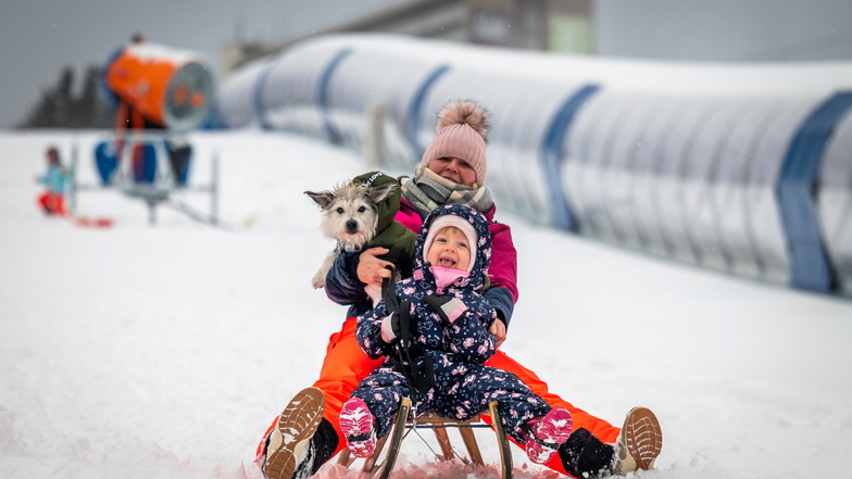 Oberwiesenthal: Anika Zapf rodelt zusammen mit Tochter Ciara und Hund Balou den Skihang  hinunter.