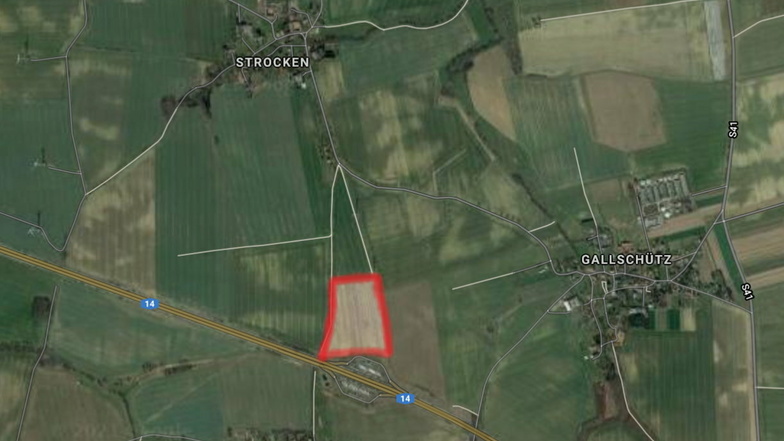 Im rot markierten Bereich nördlich der A14 zwischen Strocken und Gallschütz soll die neue Freiflächenphotovoltaikanlage entstehen.